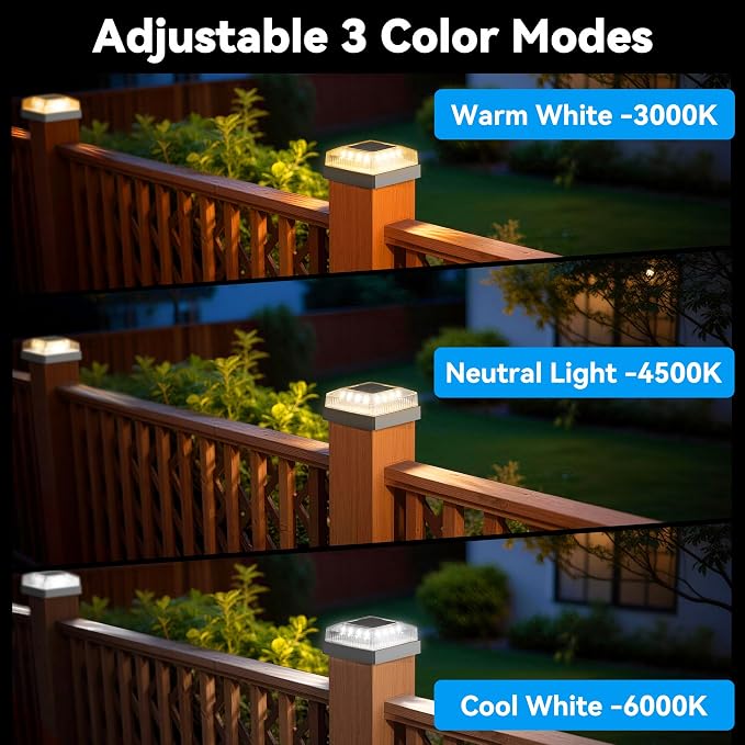 Solar Post Cap Lights, 2-Pack Upgraded Outdoor Deck Fence Post Solar Lights for 4x4 Wood/Vinyl Posts, IP65 Waterproof, 10-12 Hours Warm/Cool White Glow for Garden/Patio/Porch- Ink Black