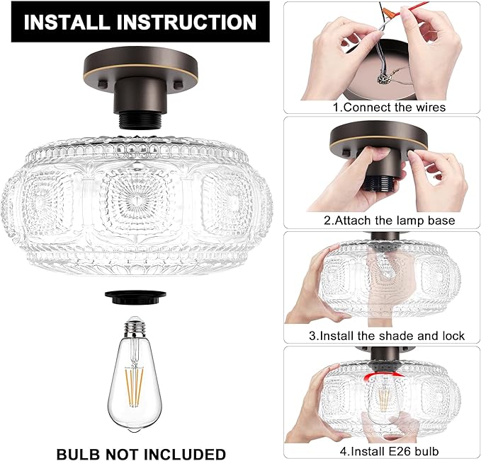 Semi Flush Mount Ceiling Light, Upgraded Larger Bronze Glass Ceiling Light Fixture, Vintage Lighting for Hallway Kitchen Bedroom Dining Room, Bulb Not Included