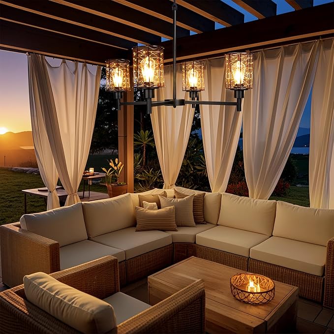 Outdoor Solar Gazebo Chandelier, 4-Light 28" Hanging Copper Wire Solar Pendant Lights, Outdoor Chandelier for Gazebo, Pergola, Porch