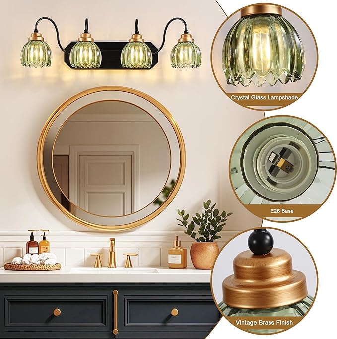 Vintage Bathroom Vanity Light, 4 Light Bathroom Lighting Fixtures Over Mirror, Mid Century Style Farmhouse Light Fixtures with Green Glass Shades, Black Finish Wall Mount for Bedroom , Living Room
