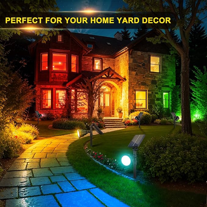 ROSHWEY Solar Spot Lights Outdoor, 7 Colors Halloween Christmas Outdoor Lights Waterproof Landscape Light 600LM Solar Spotlight Lighting for House Backyard Pool Patio Garden Decor- 2 Pack