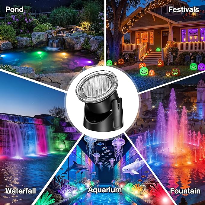 POPOSOAP RGB Underwater Pond Lights, IP68 Waterproof LED Pond Lights with Remote, Timer & Memory Function Fountain Lights for Pond Fountain Waterfall Aquarium Swimming Pool Outdoor Decoration 4-Head