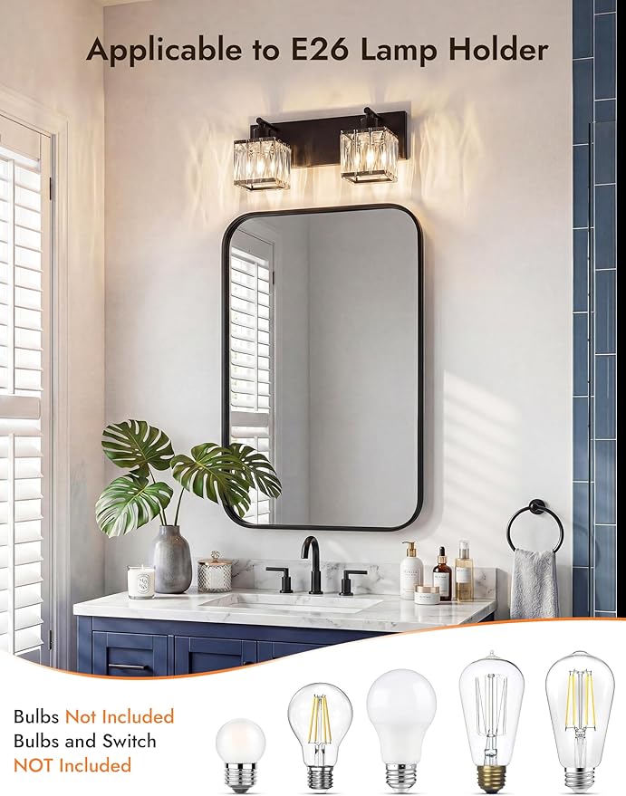 VOLISUN Black Bathroom Light Fixtures, Modern Bathroom Lighting Fixtures Over Mirror, 2 Light Bathrooms Vanity Light, Crystal Vanity Light for Bathrooms-UL Certificated(Exclude Bulb)