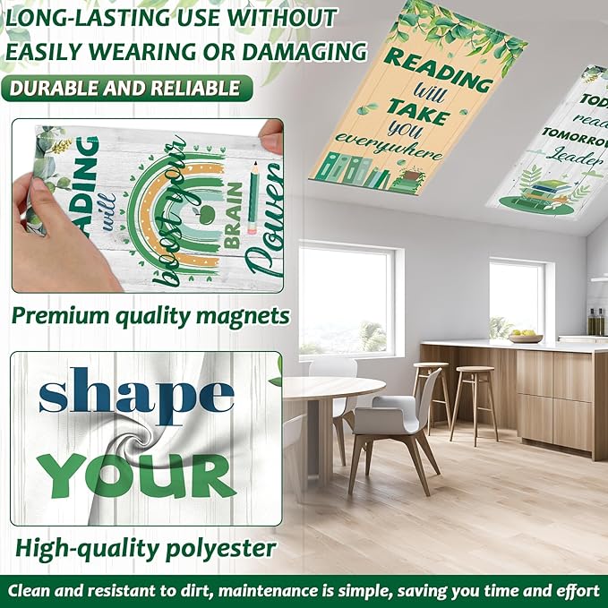 8 Pack Fluorescent Light Covers with 80 Magnets Decorative for Classroom Ceiling Light 4 x 2 Feet Magnetic Covers Filter Easy Install for Office School Home Drop Ceiling Supplies(Eucalyptus Reading)