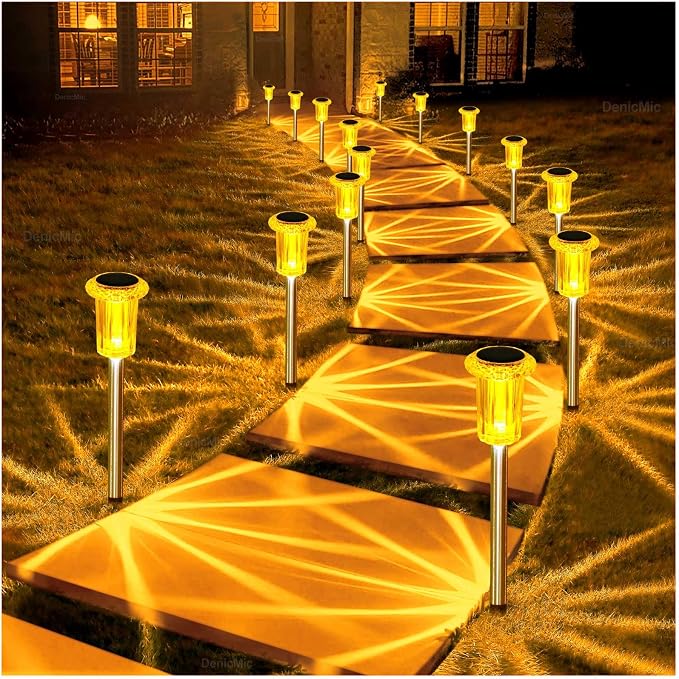 DenicMic Solar Lights Outdoor 10 Pack Waterproof Outside Fall Lights for Yard Pathway Garden Driveway Walkway Landscape Path Lighting Orange LED Stainless Steel Stake Halloween Decor