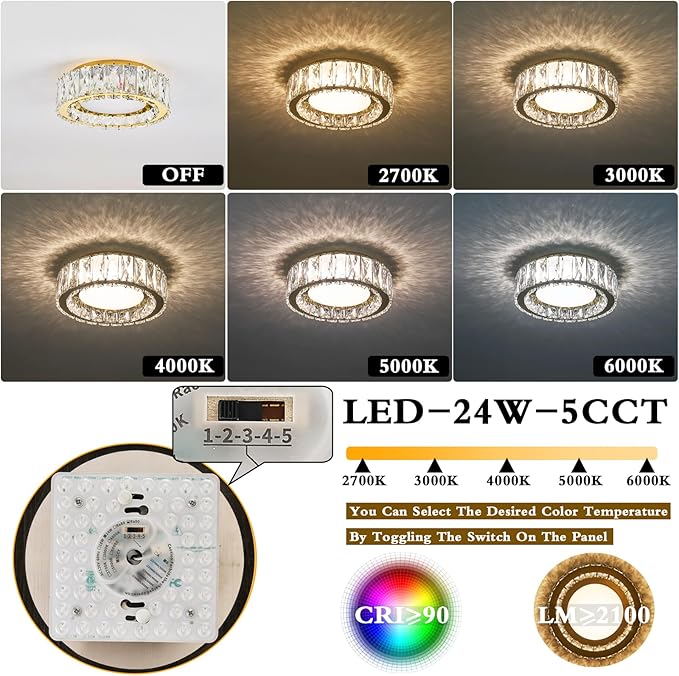Crystal Dimmable Flush Mount Ceiling Light, Glod Modern LED Close to Ceiling Light Fixture with 5CCT 2700K-6000K, Round Kitchen Lighting for Bedroom, Laundry Room, Hallway, Bathroom (11in 24W)