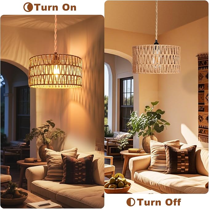 Maliralt Hanging Lamps Rattan Pendant Light Hanging Lights 16.4ft Plug in Cord Pendant Light Fixture Plug Into Wall Outlet Pendant Lighting with On Off Switch for Bedroom Living (Cylindrical Shade)