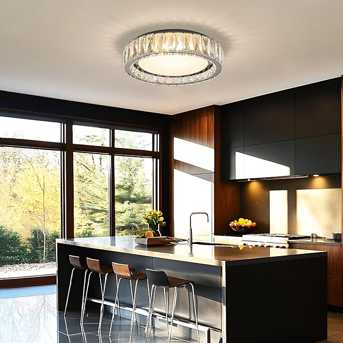 Crystal Dimmable Flush Mount Ceiling Light, Black Modern LED Close to Ceiling Light Fixture with 5CCT 2700K-6000K, Round kitchen Lighting for Bedroom, Laundry Room, Hallway, Living room (15in 36W)