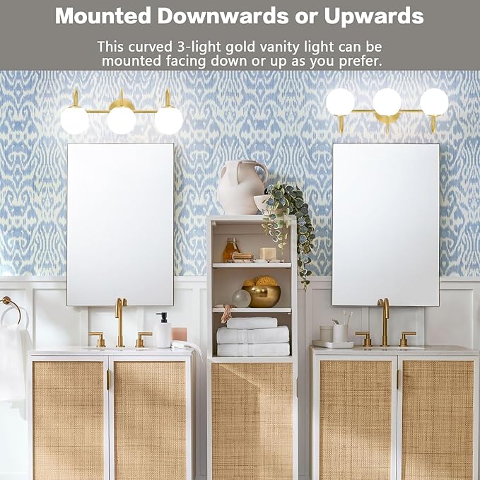 Gold Light Fixtures, 3-Light Over Mirror, Mid Century Modern Bathroom Vanity Lights Wall Sconces With Globe Frosted Milk Glass