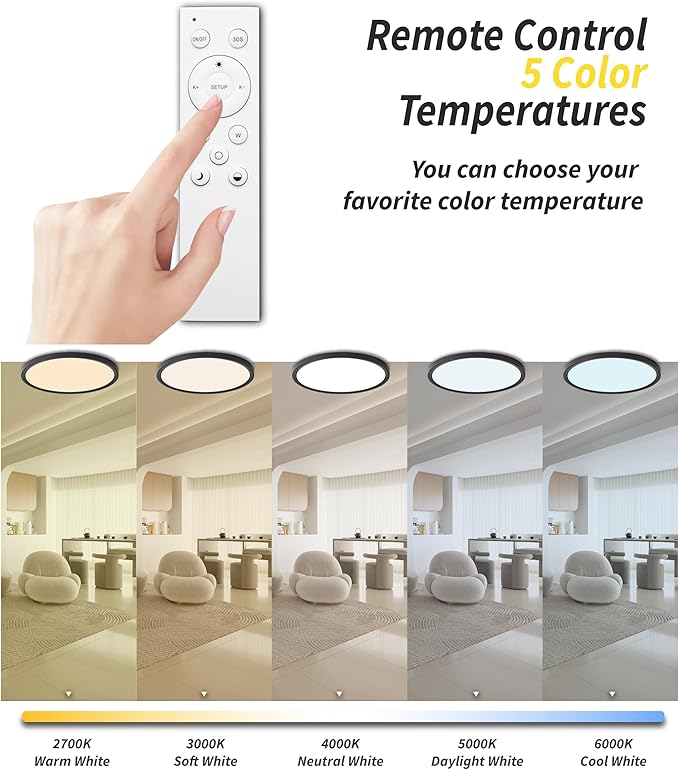 4Pack 12 Inch Remote Control Dimmable LED Flush Mount Ceiling Light Panel,24W 2520LM,2700K-6000K Adjustable Color,Ultra Thin Round Black Ceiling Light Fixture for Hallway Kitchen Bedroom Home Office