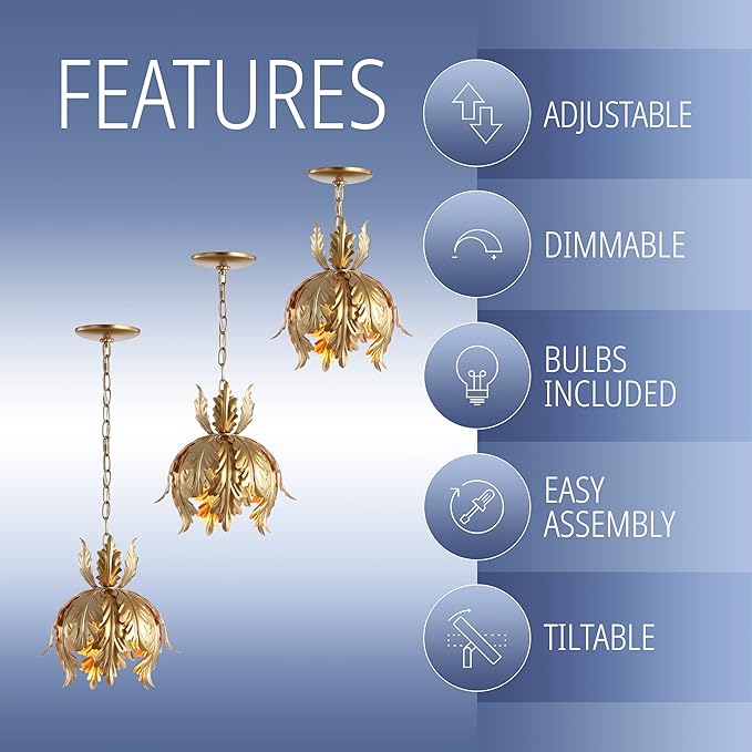 JONATHAN Y 12" Gold 1-Light Iron Pendant Light, Adjustable Height Lotus Leaf Design Hanging Fixture for Bathroom Hallway, Classic French Country, LED Bulb Included JYL9509A