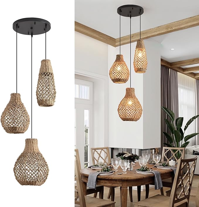 3-Light Rattan Pendant Ligh,Boho Woven Wicker Coastal Ceiling Hanging Farmhouse Chandelier for Kitchen Island Living Room Dining Room