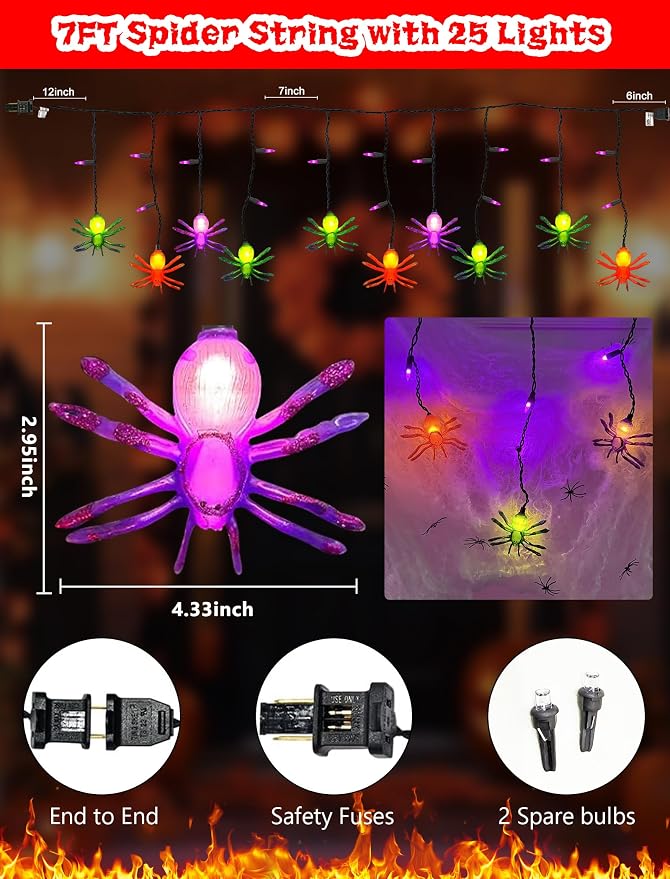 Halloween Spider String Lights Outdoor, 25 Mini Curtain String Lights with 10 Colorful Spider Lights, 7.5Ft Summerween Decoration Light for Window Patio Stair Halloween Decor