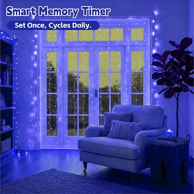 Curtain Light for Bedroom, 200LED 6.6x6.6ft Blue Window Wall Hanging Fairy Curtain String Light, 8 Modes Remote Fairy String Lights Indoor for Wedding Party Home Garden Decorations