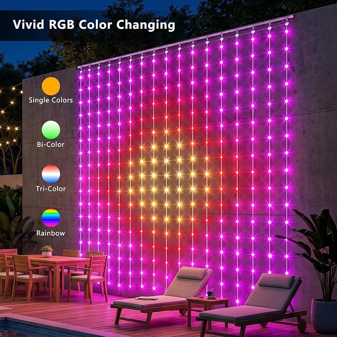 Color Changing Curtain Lights, 256 LED Red White Blue Window Curtain Lights with Remote, 5.16 * 5.24ft Plugin July 4th Window Fairy Light for Christmas July 4th Halloween Bedroom Wedding Home Decor