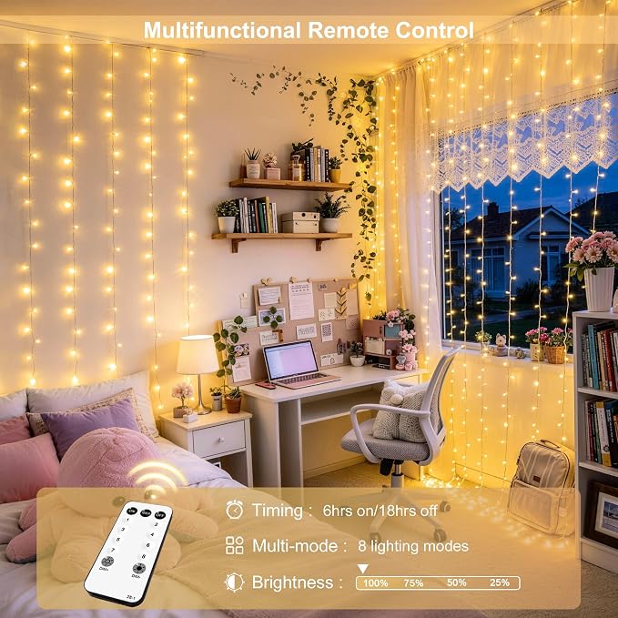 JMEXSUSS 900 LED Outdoor Curtain Lights, 9.5x29.5ft Christmas Lights Plug in with Remote, Twinkle Hanging String Light for Bedroom Wall Wedding Backdrop Window Gazebo Decor, Warm White