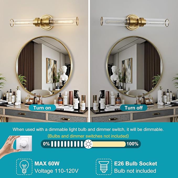 Bathroom Light Fixtures, Gold Wall Sconce in Clear Glass Vanity Lights, Modern Bathroom Vanity Light Up and Down Sconces Wall Lighting for Living Room, Hallway, Bedroom - Bulb Not Included
