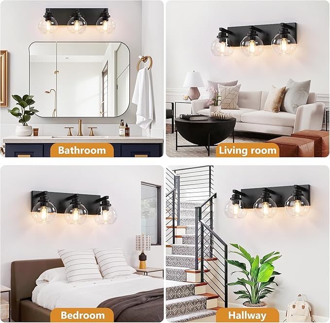 LmnLvn Bathroom Light Fixtures, 3-Light Matte Black Vanity Lights, Modern Bathroom Lighting Fixtures Over Mirror, Farmhouse Vanity Lights with Glass Shade for Living Room, Bedroom, Hallway