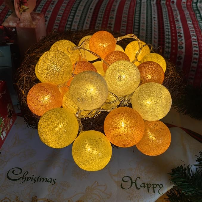 Gardeningwill 3M/10Ft 30 Yellow Orange White Ball LED Battery Operated String Fairy Light