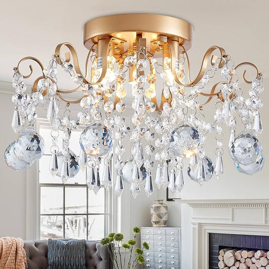 Rain Drop Crystal Small Crystal Chandelier Ceiling Light 3-Light Fixture Modern Chrome Iron Material Suitable for Bedrooms, Hallways, Walk-in Closets, Entryways, Stairwells (Gold)