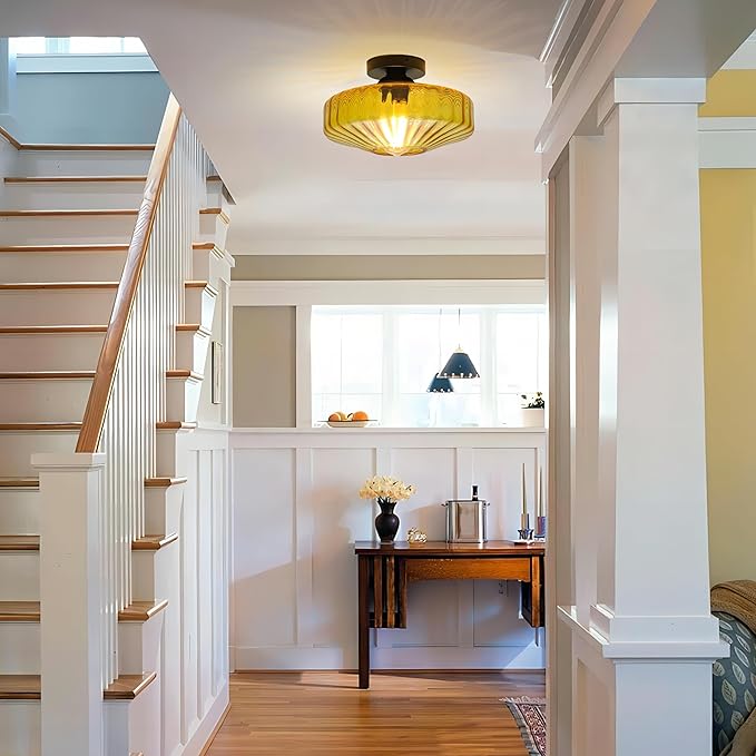 FCTWAKS Semi Flush Mount Ceiling Light, 11.8" Mid Century Modern 1-Light Close to Ceiling Light Fixtures with Drum Amber Glass Shade for Bedroom Entryway Hallway Porch Foyer