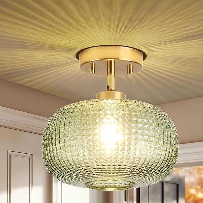 Modern Semi Flush Mount Ceiling Light, Vintage Green Glass Shade with Adjustable Hanging Gold Sloped Ceiling Lights Fixtures for Hallway Entryway Kitchen Bedroom Laundry Room,1-Light,9.84 Inch