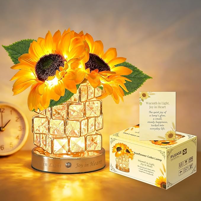 Sweet Mother’s Day Gifts Sunflower Crystal Cube Lamp,3 Color Dimmable Small Night Light, Rechargeable Cordless Touch Flower Table Lamp for Festival Restaurant Bedroom Bar Cafe Home Decor