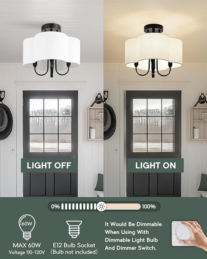 4-Light Semi Flush Mount Ceiling Light, 13.5" Vintage Light Fixtures Ceiling Mount with Fabric Shade in Quatrefoil for Kitchen Entryway Hallway Bedroom, Matte Black, SM179-MB