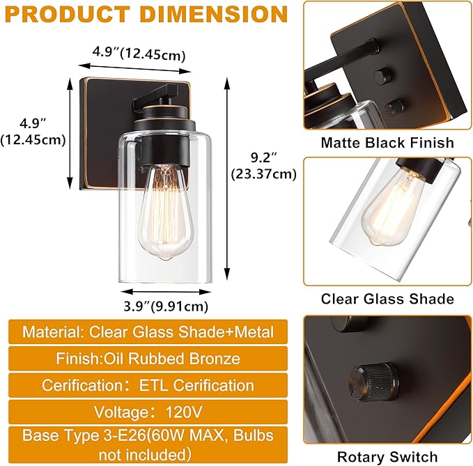 Pia Ricco Wall Sconces Set of 2, Bedside Wall Lamps with Switch for Bedroom, Modern Bathroom Light Fixtures with Clear Glass Shade, Oil Rubbed Bronze Sconces Wall Lights for Living Room, Hallway