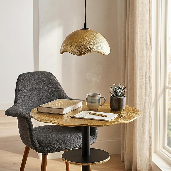 JAYMP 15.7" Modern Pendant Light for Dining Room Kitchen Island Light Hanging Lamp E26 Base Japanese Wabi-Sabi Style Bird Nest Shape Lighting Fixture, 1 Pack (Matte Gold,D Shape, 40cm/15.7inch)