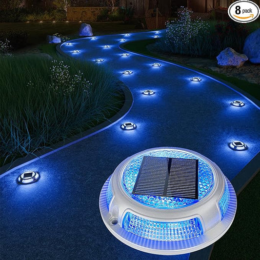 VOLISUN Solar Driveway & Deck Lights 8 Pack Waterproof Dock & Marine Ground Lights,2-in-1 Blue & White LED,Solar Marker for Pathways,Steps,and Warning Signs,Auto On/Off