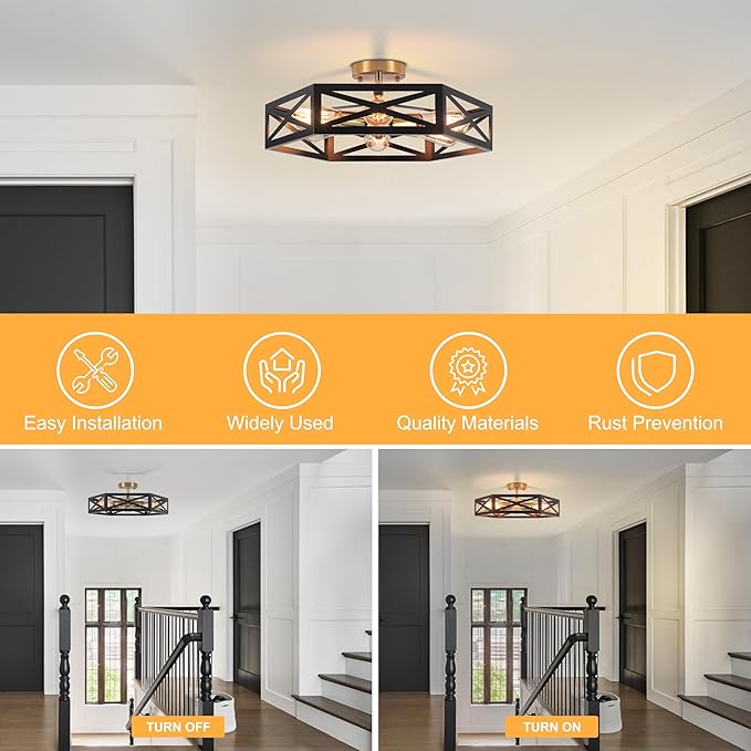 19.6" Rustic Foyer Lighting Fixtures, Black Farmhouse Kitchen Light Fixtures with Metal Cage Modern Black and Gold Hallway Light Fixture Black Ceiling Light for Bedroom Bathroom Foyer