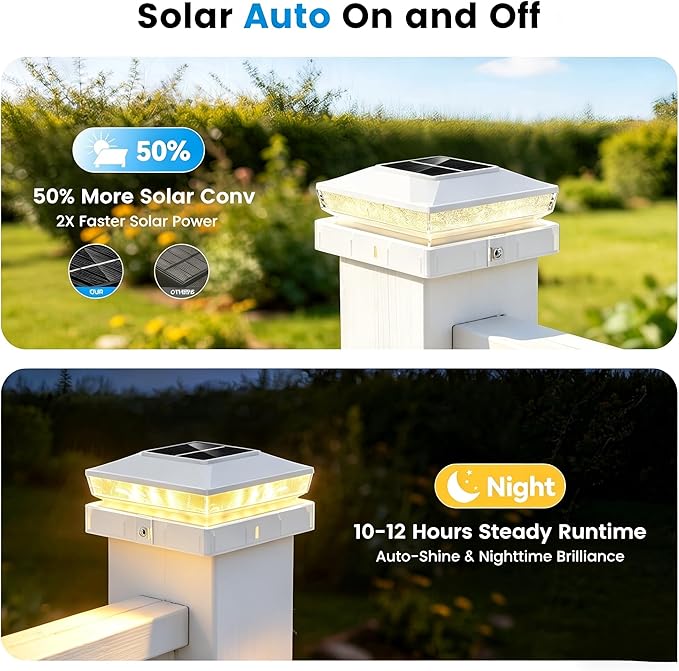 Solar Post Cap Lights 2 Pack, IP65 Waterproof Outdoor Fence Post Solar Lights for 3.5x3.5 & 4x4 Wood/Vinyl Posts, 10-12 Hours Upgraded Warm/Cool White Glow for Garden/Patio/Porch - Ivory White