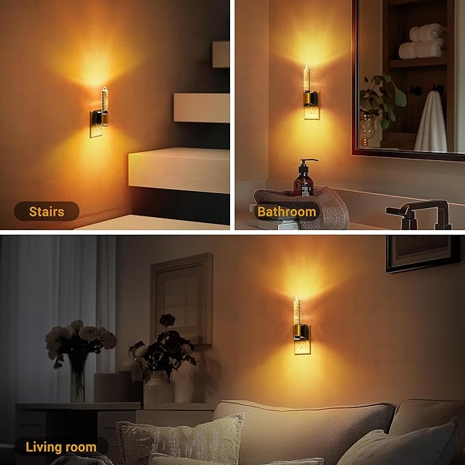 JandCase Night Light, Flameless Candle Amber Night Lights Plug into Wall 2 Pack, Auto On/Off Light Sensor Crystal Dimmable LED Nightlight, 0-100LM Decorative nite Light for Adults Bathroom Hallway