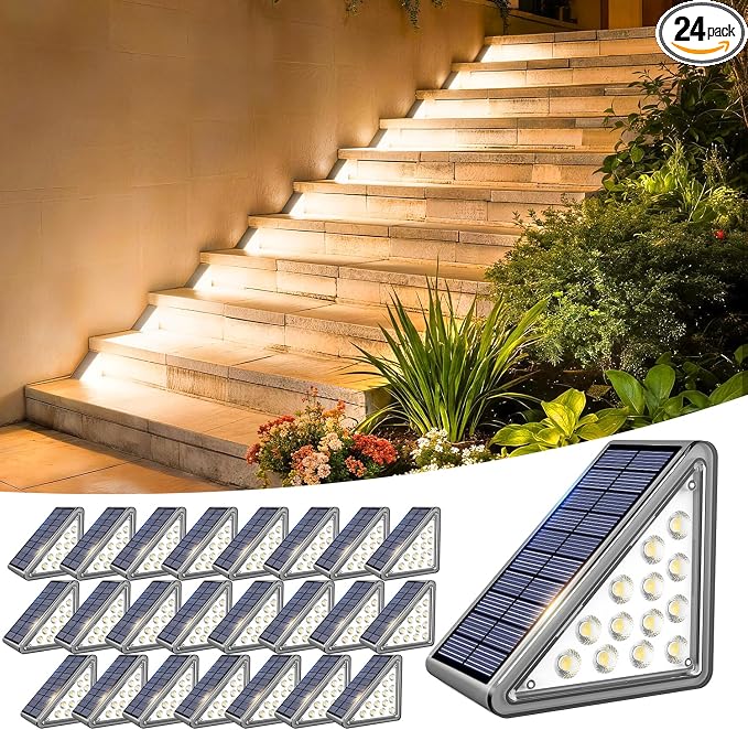 JEJOT Solar Step Lights Outdoor Waterproof IP65,Warm White Solar Stair Lights, Outdoor Light Decor for Stair, Deck, Step, Porch and Outside Patio, 24 Pack
