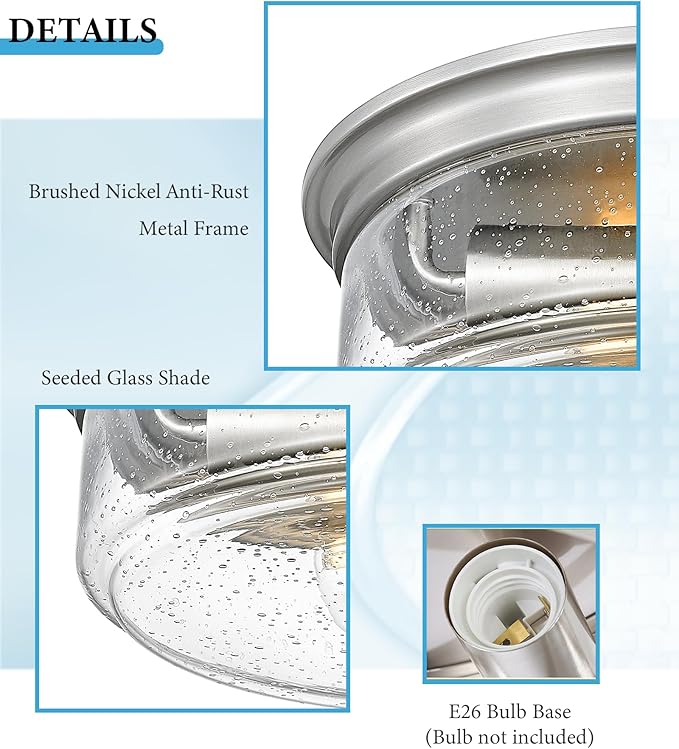 Brushed Nickel Flush Mount Ceiling Light Fixtures, 12 Inch 2-Light Light Fixtures Ceiling Mount with Seeded Glass Lampshade,Ceiling Light for Kitchen, Hallway, Entryway