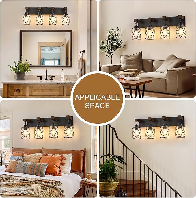 Farmhouse Bathroom Light Fixtures, 4 Light Bathroom Vanity Light with Metal and Glass Lampshade, Wood Rustic Lighting Fixtures Over Mirror, Black Wall Sconces for Living Room, Bedroom