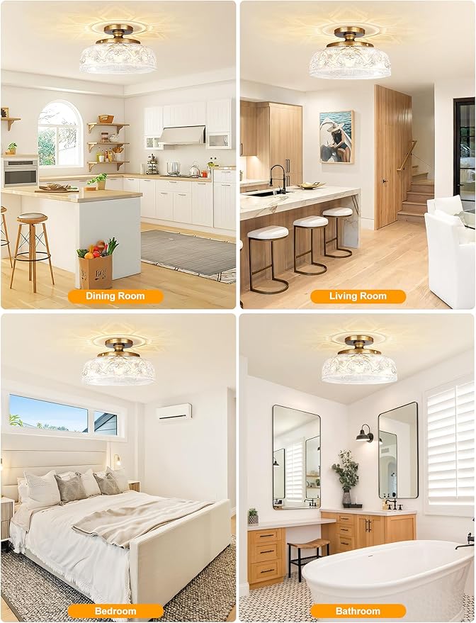 Semi Flush Mount Ceiling Light, 12 Inch Large Copper Ceiling Light Fixture, 3-Light Globe Glass Farmhouse Kitchen Lighting Fixtures for Bathroom, Hallway, Dining Room (Bulb Not Included)