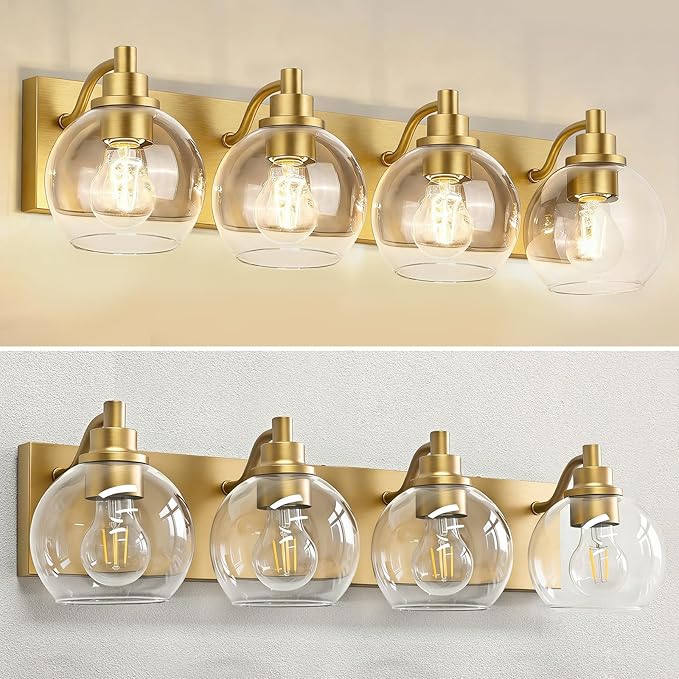IZORRO Bathroom Light Fixtures, 4 Light Brushed Gold Vanity Light, Modern Wall Sconces with Globe Clear Glass Shade, Vanity Lighting Fixtures Over Mirror,E26 Bulb Socket
