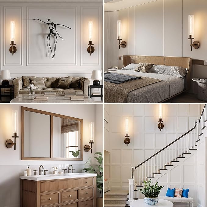 19.5" Knurled Brass Wall Sconces Set of 2, Bronze Bathroom Vanity Light Fixtures with Clear Glass Tube, Modern Lamp Lighting for Bedroom, Living Room, Hallway, Staircase, Mirror, Kitchen