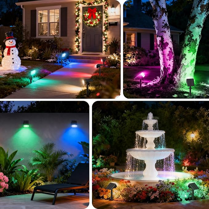 Solar Color Changing Spot Lights Outdoor, 12 Pack Solar Landscape Lights with 32 LEDs Each, 7 Lighting Modes, IP65 Waterproof, 2-in-1 Adjustable Solar Spotlights for Yard Garden Pathway Driveway