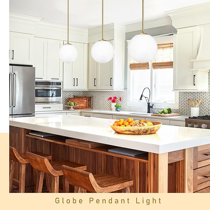 Bagood 10 Inch Globe Pendant Light Gold Mid Century Pendant Light Contemporary Globe Pendant Lights Adjustable Hanging Light Fixture Milk Glass with Brass Finish for Dining Room Kitchen Island