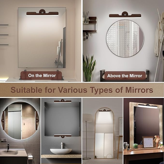 Benreom Vanity Light for Mirror with 4000mAh Rechargeable Battery, Touch Control Dimmable Makeup Light with 3 Color Modes, Magnetic 360° Adjustable LED Bathroom Mirror Light, Dark Wood