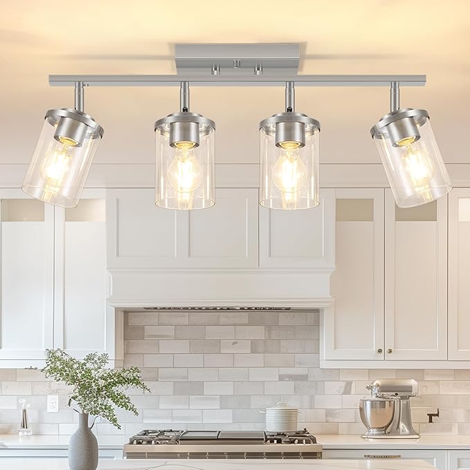 FadimiKoo 4-Lights Brushed Nickel Kitchen Lighting Fixtures Ceiling, Black Semi Flush Mount Ceiling Light with Clear Glass Shades, Adjustable Close to Ceiling Lamp for Dining Room Hallway Bedroom
