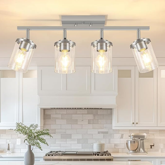 FadimiKoo 4-Lights Brushed Nickel Kitchen Lighting Fixtures Ceiling, Black Semi Flush Mount Ceiling Light with Clear Glass Shades, Adjustable Close to Ceiling Lamp for Dining Room Hallway Bedroom