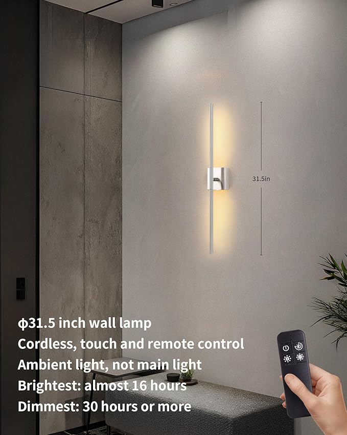 KDG Cordless Wall Sconces Set of 2, Wireless 5200mAh Rechargeable Battery Operated LED Wall Lamps with Remote, 360° Rotate Lightings for Wall Painting, Bedroom, Hallway, Night Light 31.5 inch (Nickel)
