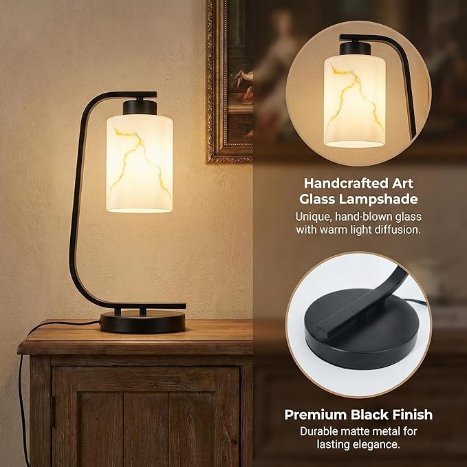 Modern Industrial Table Lamp, Marble Pattern Glass Shade Desk Lamp with C-Shaped Black Metal Base, Bedside Nightstand Lamp for Bedroom, Living Room, Office, E26 Base