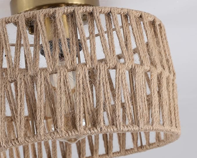Coastal Antique Gold Woven Flush Mount Light Fixture Rustic Boho Hemp Rope Brass Semi Flush Mount Ceiling Light for Hallway Bedroom Farmhouse Kitchen Entryway Hall