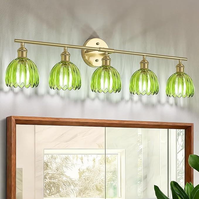 Vintage Bathroom Light Fixtures,5-Light Hardwired Vanity Lights with Green Tulip Glass Shade,Gold Bathroom Vanity Light for Mirror Restroom,E26 Socket,33.46 in(Bulbs Not Included)