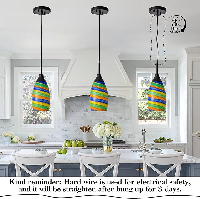 Viinew Mini Glass Pendant Light,4.72" Rainbow Hanging Lights 1-Pack Handblown Oval Rainbow Art Glass Hanging Pendant Light for Kitchen Island,Dining Room,Living,Foyer,Hallway, Entry